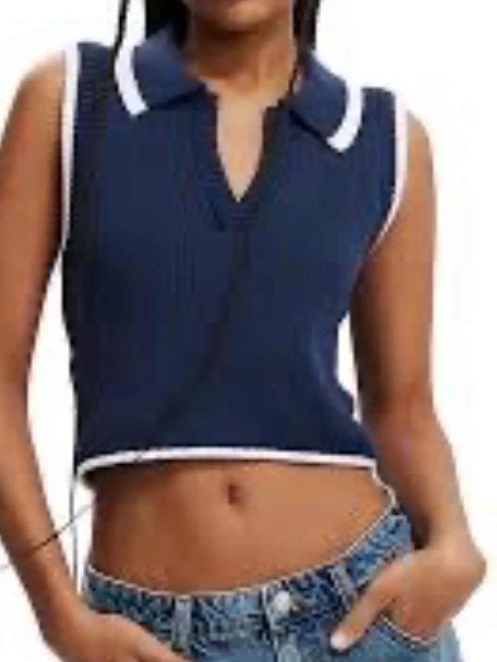 Cotton On Navy Crop Polo Top with White Trim